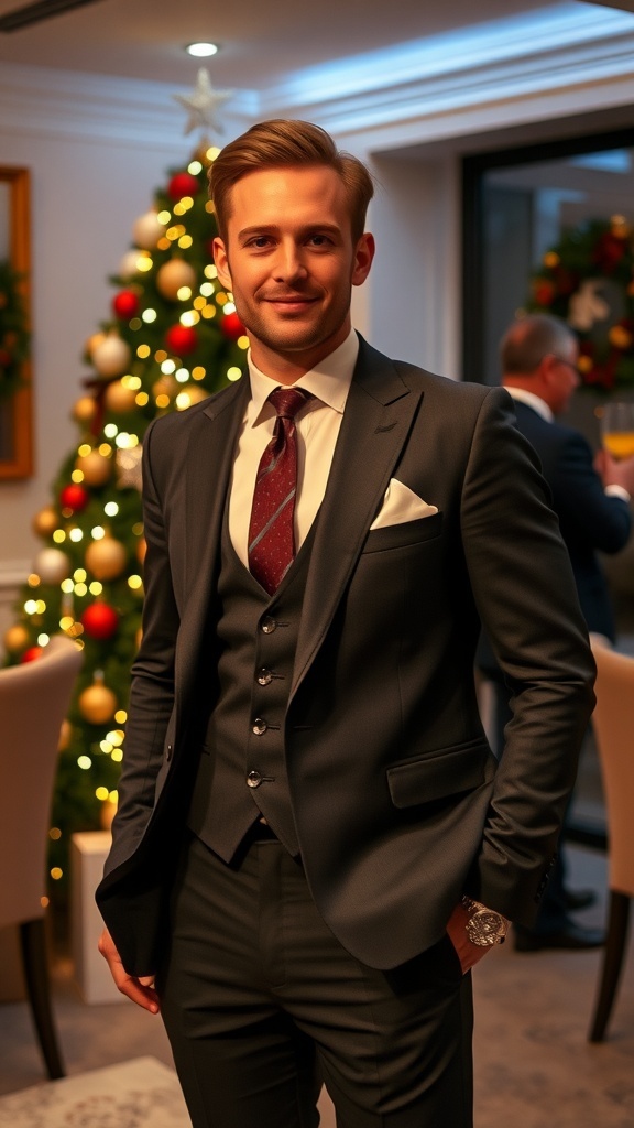 A classy man in a tailored suit at a Christmas party with festive decorations.